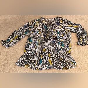 Fashion Bug bold abstract print smocked elastic around the waist. Size 1X